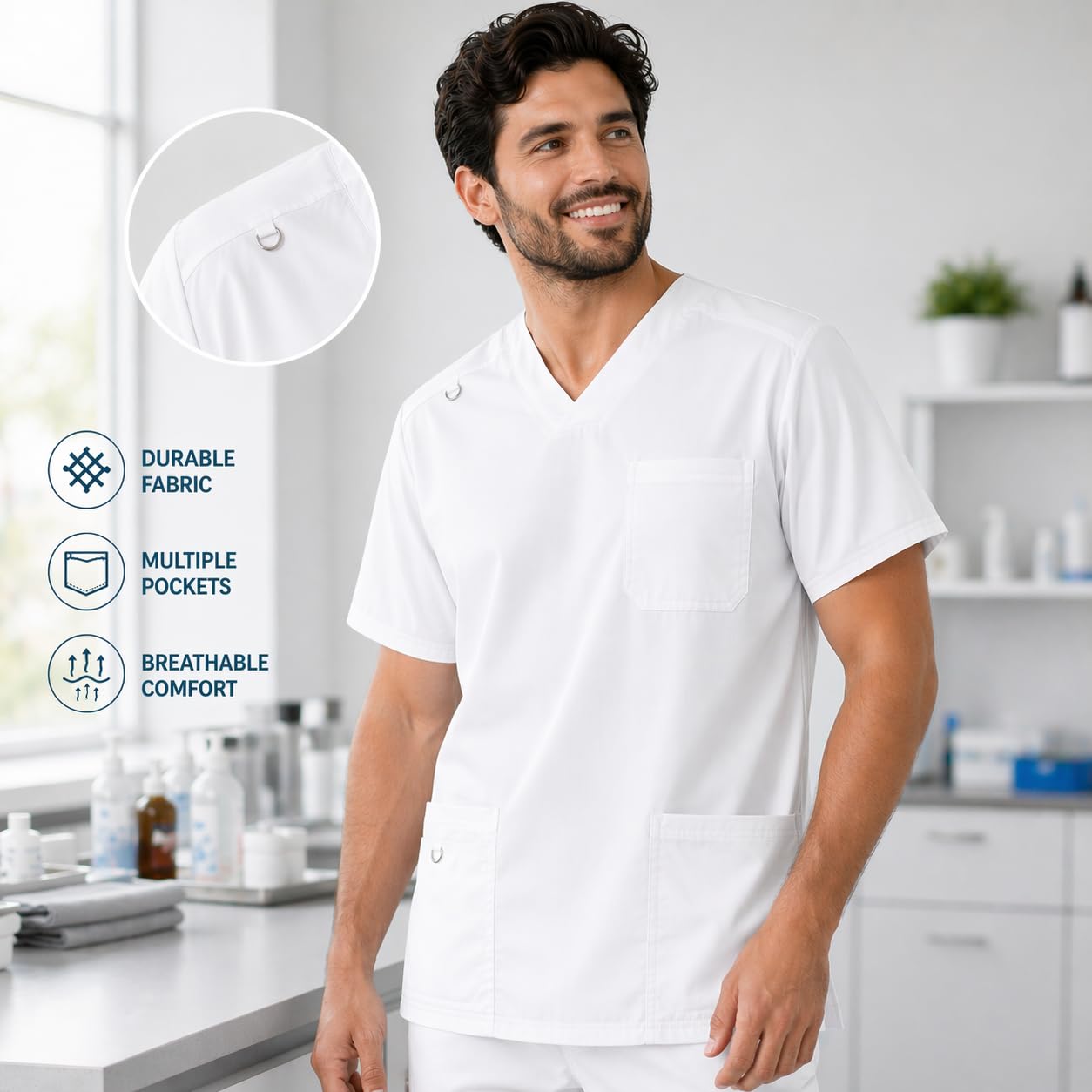 B-well Marco Tunique Homme Manches Courtes Blouse Medicale Homme Manche Courte et col en V