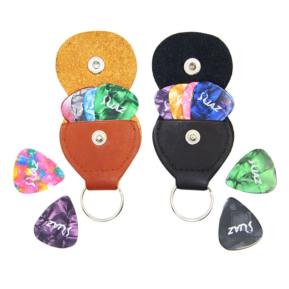Guitar Picks Leather Pick Holder Keychain Plectrum Cases Bag - 2 Pack Guitar Picks Holder Case with 12 Guitar Picks Thin/Medium/Heavy