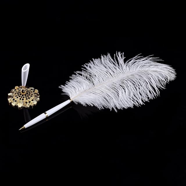 Alvinlite Ostrich Feather Quill Pen - Deluxe Swan Writting Pen Wedding Quill Signing Pen with Metal Holder Stationery Gift (Gold base)