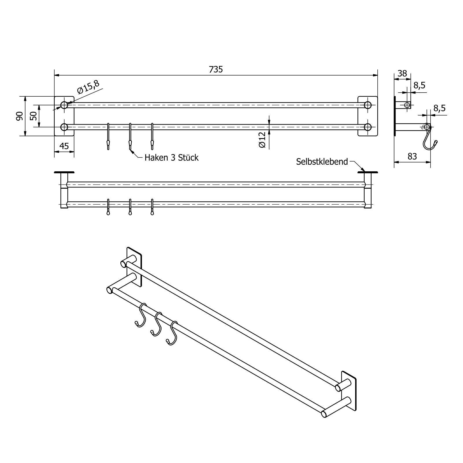 2 x Hakenleiste TALIDA Edelstahl selbstklebend mit 3M Klebepad (Länge: 735 mm/Stangen-Ø 12 mm) inkl. 3 S-Haken für Küche und Bad Garderobe von SO-TECH®