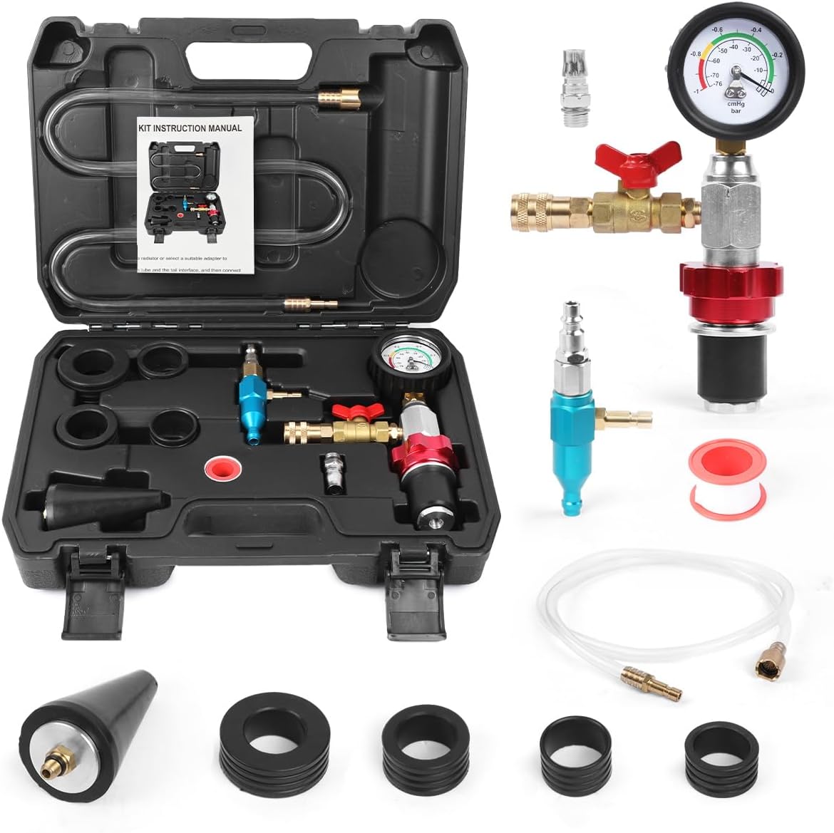 Coolant Vacuum Refill Kit Quick Vacuum Coolant Fill Kit with 5 Universal Adapters, Pressure Gauge, 41 in Fill Hose & 2 Quick Connectors for Most Vehicles
