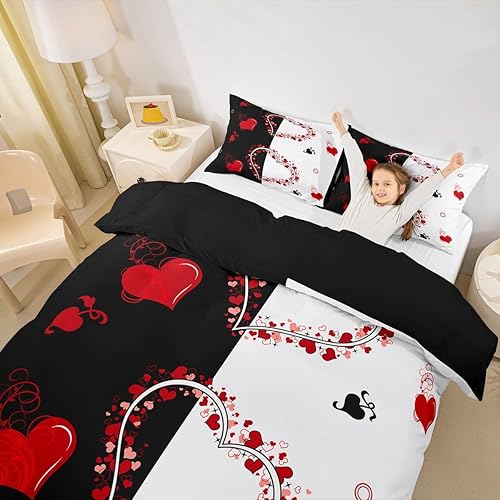 Miniatura 5 de Juego de ropa de cama para parejas, funda de edredón romántica de corazón de amor negro y rojo para el día de San Valentín, juego de funda de