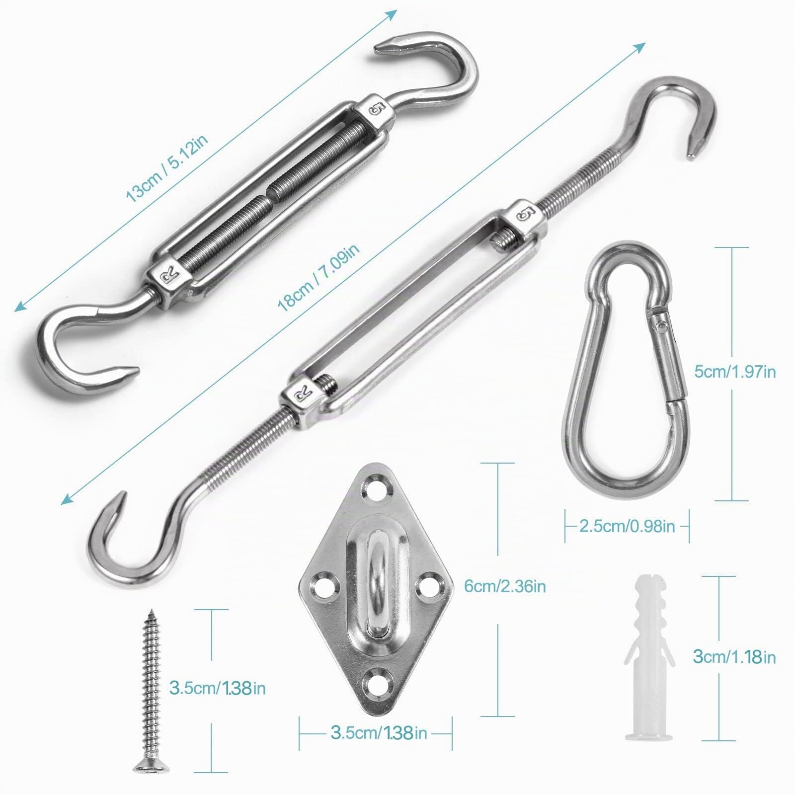 HOMPER Juego de Accesorios para toldos, Juego de herrajes de Acero Inoxidable para Trabajo Pesado con sombrilla Sun Shade para triángulo y escuadra, Accesorios de fijación de Vela Sun Shade