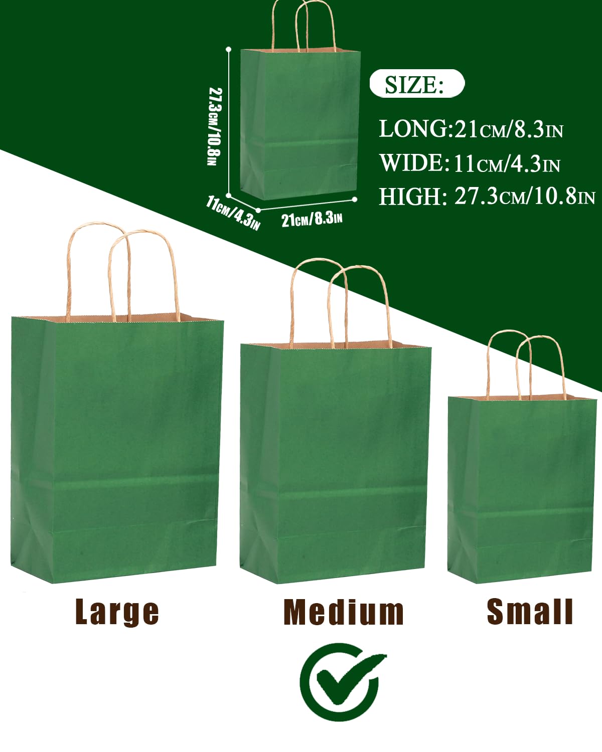 qiqee 100PCS Gift Bag with Handles Bulk Kraft Deep Green Paper Bags Multiple Uses (11"x5"x8"inch Medium Size)