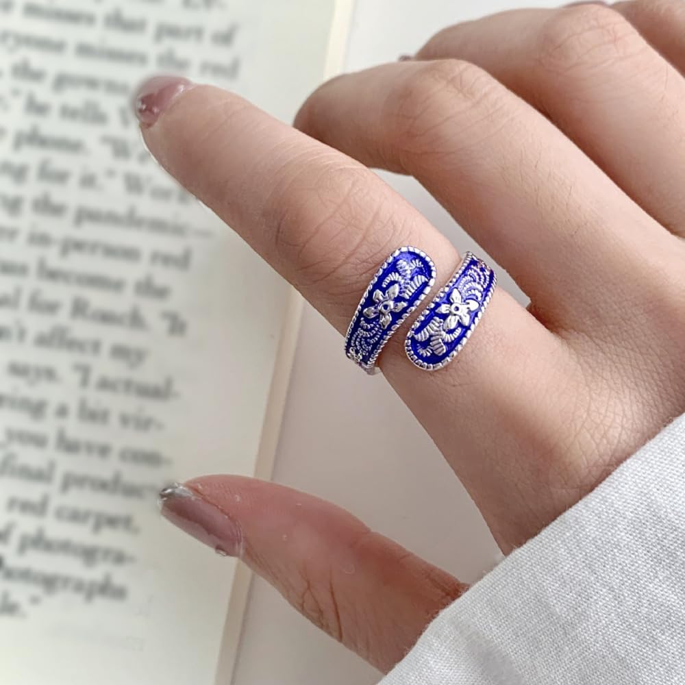 Dtja Vintage Embossed Flower Stacking Statement Ring for Women Adjustable Expandable Boho Floral Leaf Pattern Open Wrap Finger Rings Bohemian Holiday Festival Accessories Jewelry - Image 3