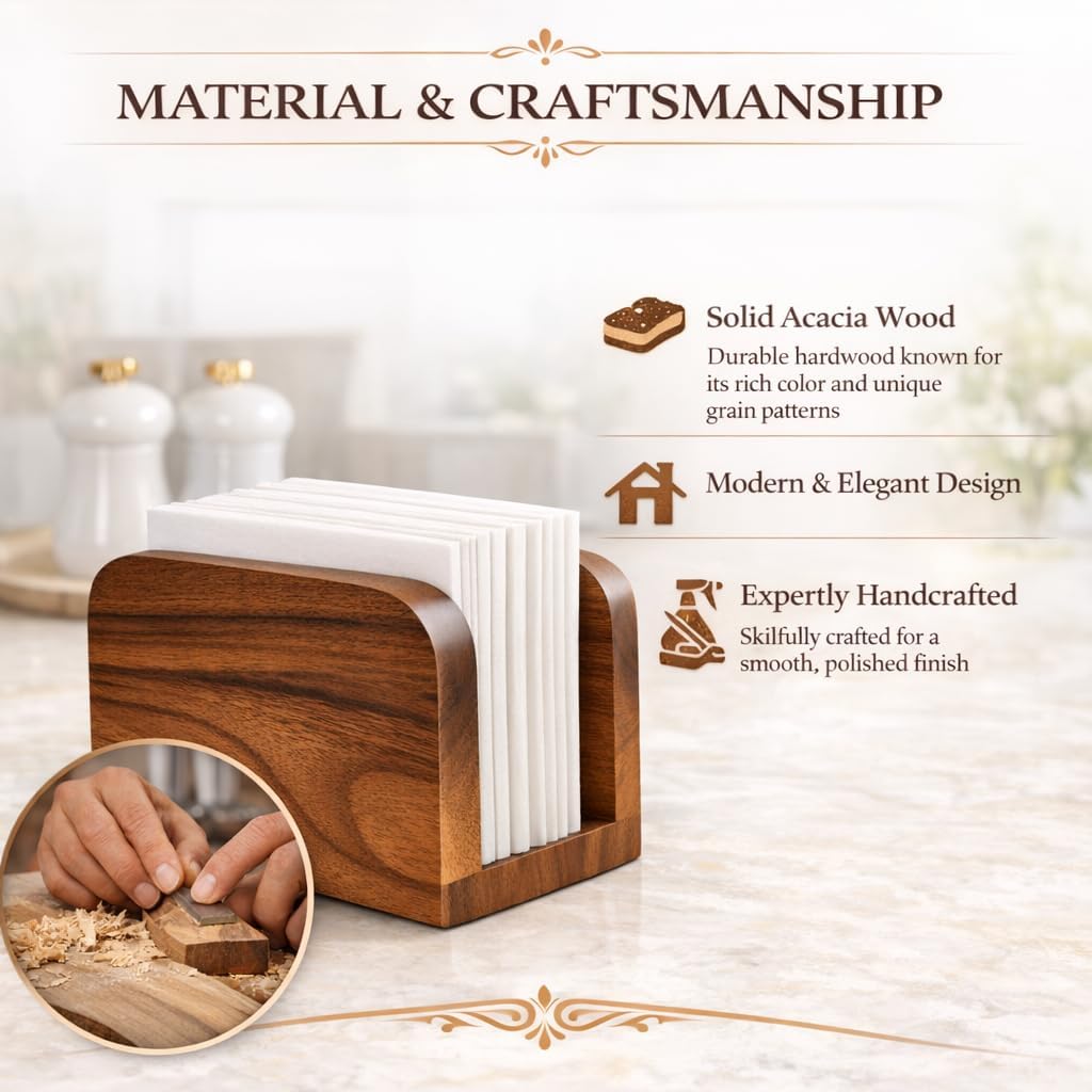 Acacia Wood Napkin Holder – Rustic Wooden Napkin Organizer for Kitchen, Dining Table, Picnic, Coffee Bar – Farmhouse Tabletop Dispenser for Square Paper Napkins