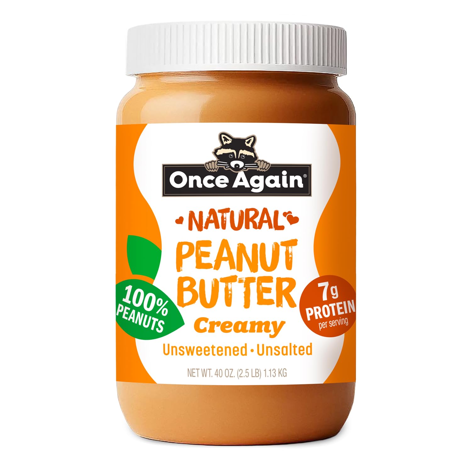 Once Again Creamy Natural Peanut Butter, No Salt or Sugar Added - Large 2.5 Pound Jar - Single Ingredient, Unsalted, Sugar Free Peanut Butter, No Palm Oil - Smooth and Unsweetened - 1 Jar (40 oz)