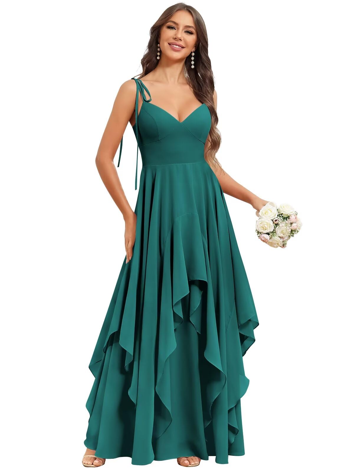 Women's V-Neck Chiffon Tiered A-Line Bridesmaid Dresses Long Ruffles Formal Evening Party Gown