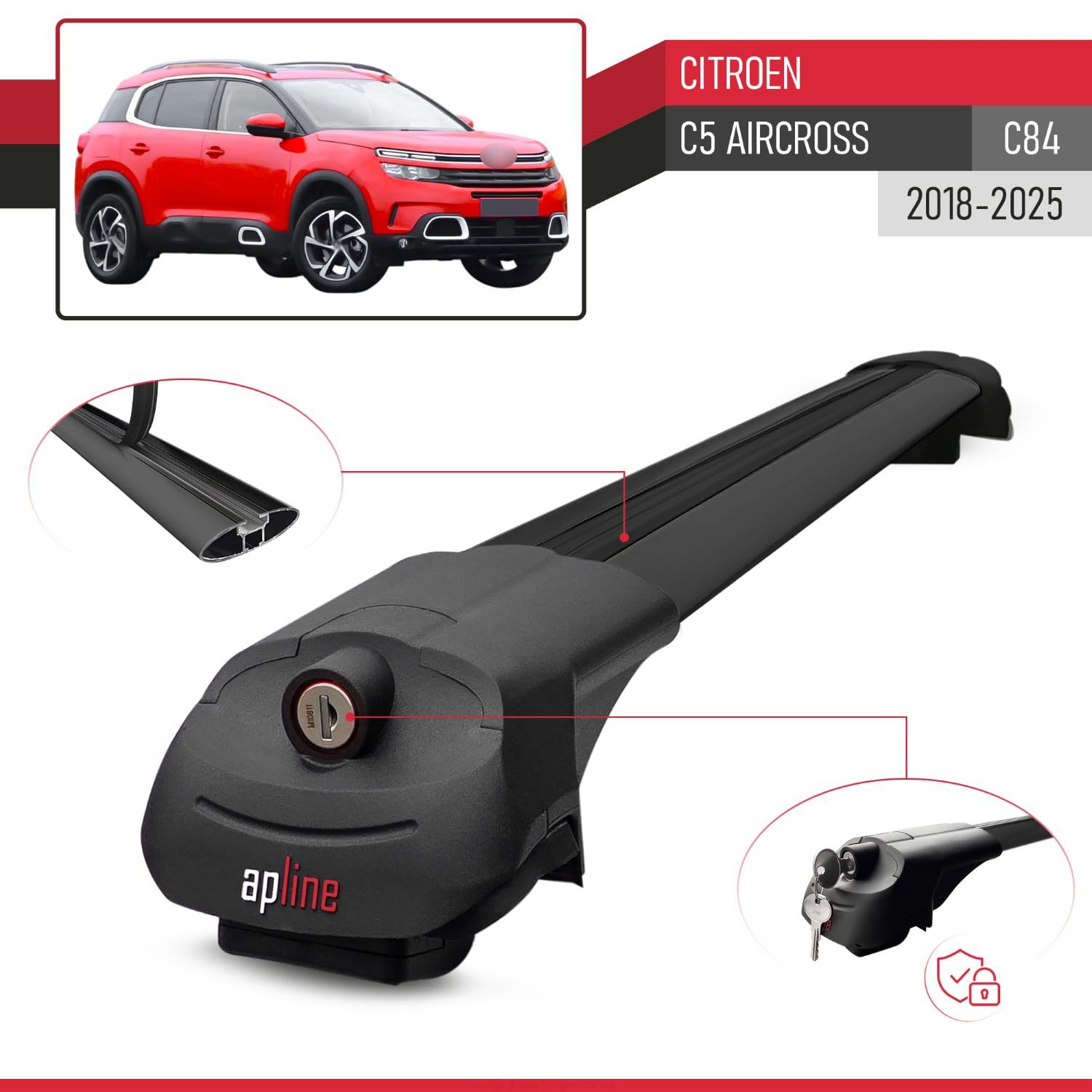 Kompatibel mit Citroen C5 Aircross (C84) 2018-2025 ACE-1 Modell Relingträger Dachträger Auto Gepäckträger Schwarz Aluminium 2 Stangen