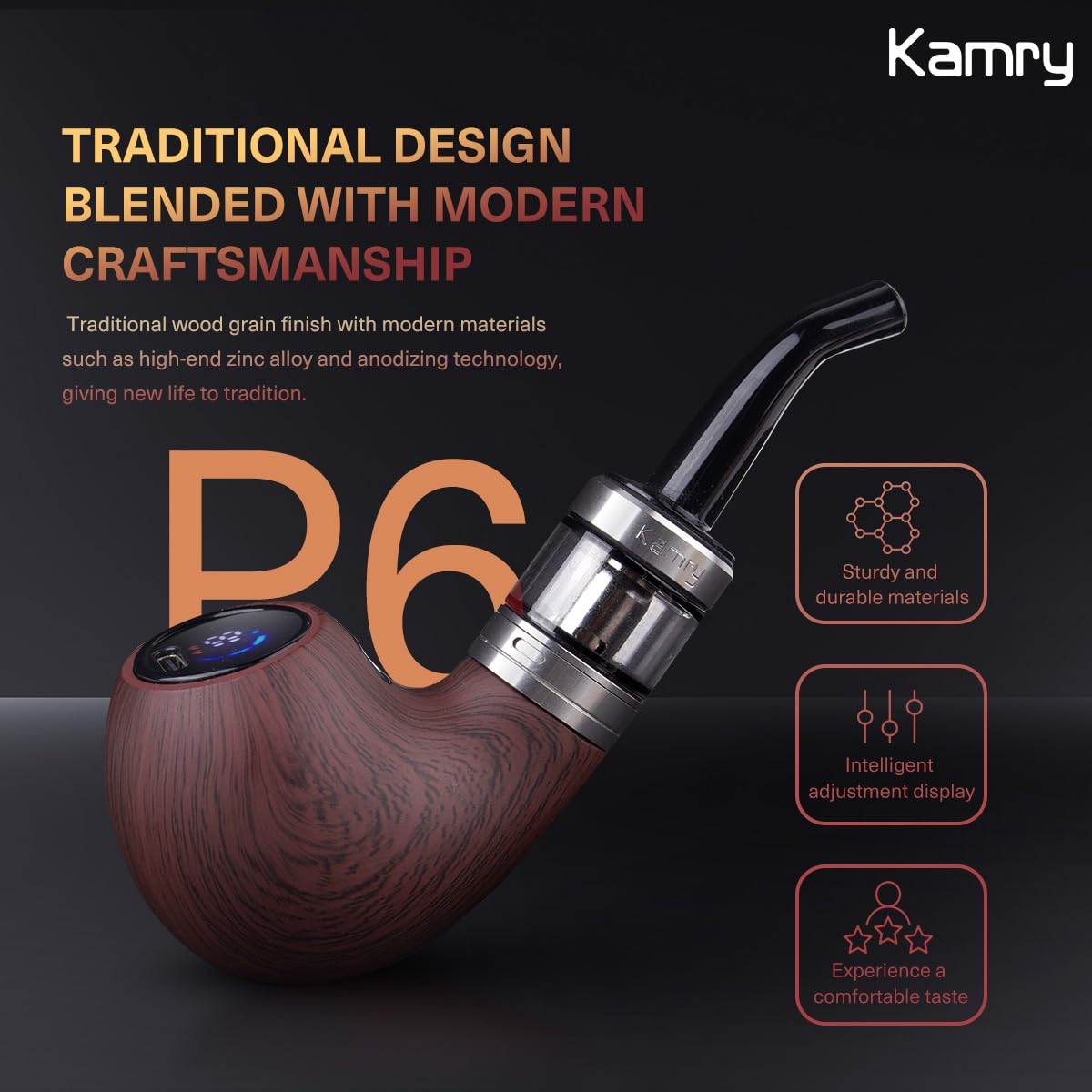 Kamry P6 Elektronische Shisha-Pfeife, E-Zigarette mit großem Dampfvolumen, Leistung einstellbar, mit 2-ml-Zerstäuber, leer, ohne Nikotin, keine Nachfüllungen
