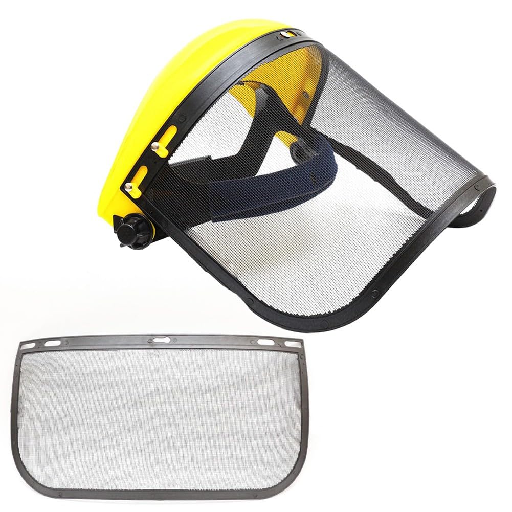 Malla protectora facial de malla de acero con marco de PP, protector de cabeza ajustable para jardinería, poda de árboles y césped, alta visibilidad y transpirabilidad, amarillo