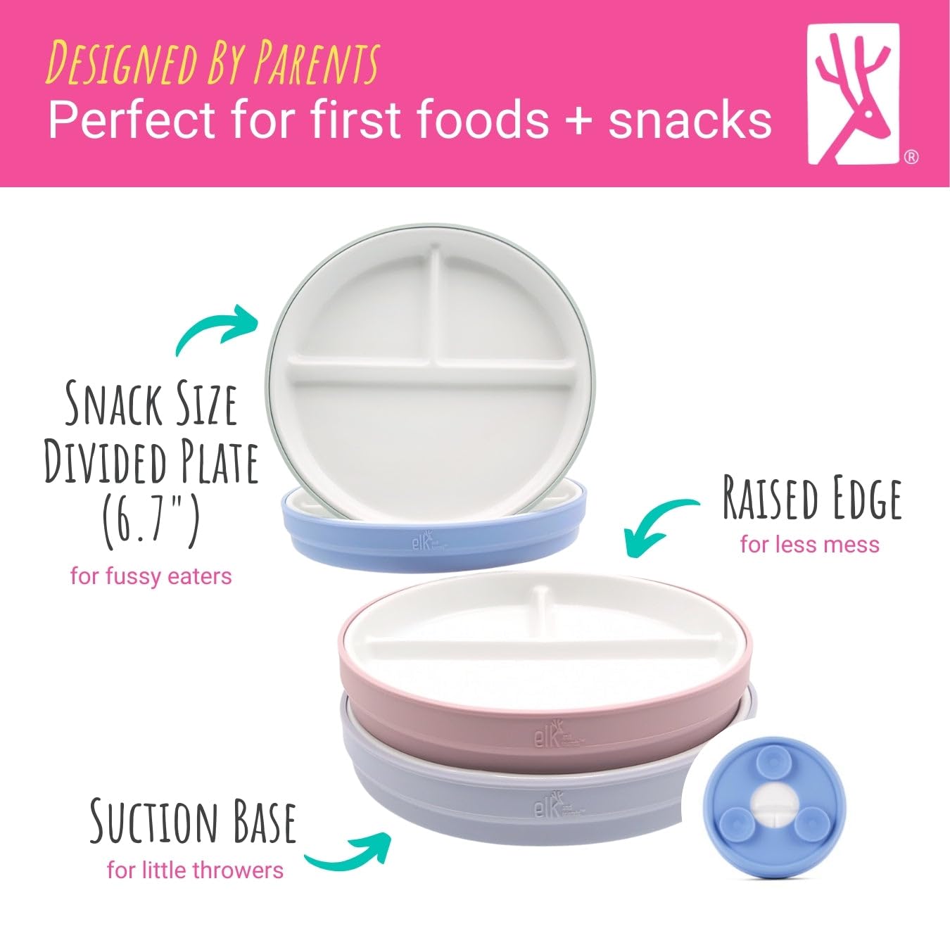 Elk and Friends Kids 6.7 Porcelain Divided Plates with Silicone Suction Sleeves | Suitable for Babies/Kids/Toddlers | Microwave & Dishwasher Safe | Non Slip | Snack Dishes | 4 Pack