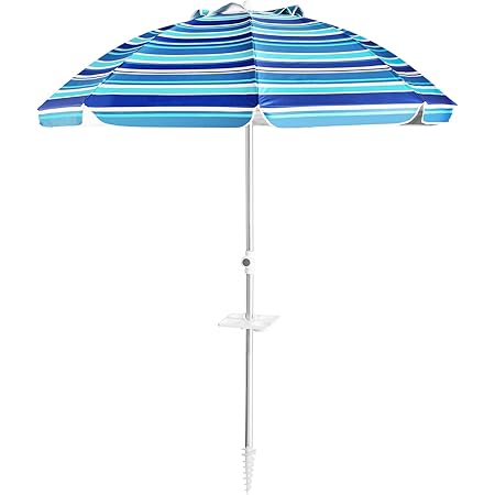 Aoxun Beach Umbrella, 7ft Beach Umbrella with Tilt Aluminum Pole and Food Tray, Portable Umbrella with Sand Anchor and Carry Bag, UPF 50+ Sun Shelter with Air Vents Design for Sand and Outdoor Activities (Blue White Stripe)