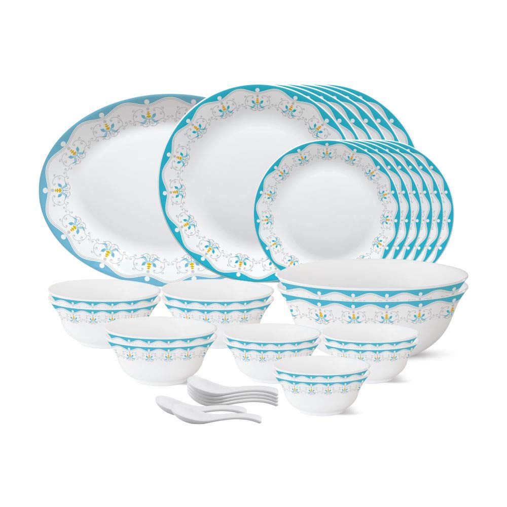 Larah by Borosil - Tiara Series, Royal Jade, 33 Pcs, Opalware Dinner Set, White