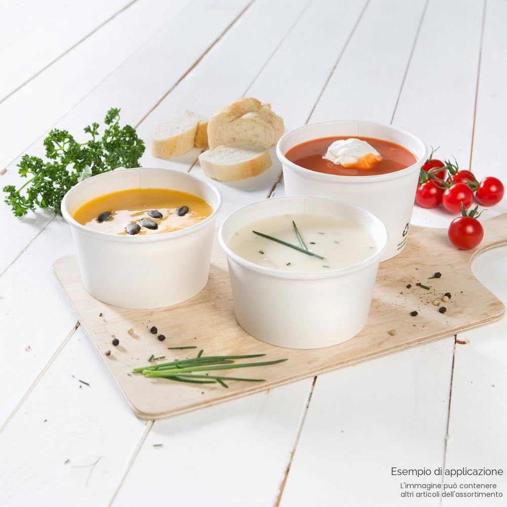 BIOZOYG Coppette Monouso Universali Ecologiche di Cartone per Gelati, Dessert, Finger Food, Antipasti, Snack I 500 Coppe Alimentari bianche senza stampa 400ml / 16oz I Vaschette rotonde compostabili