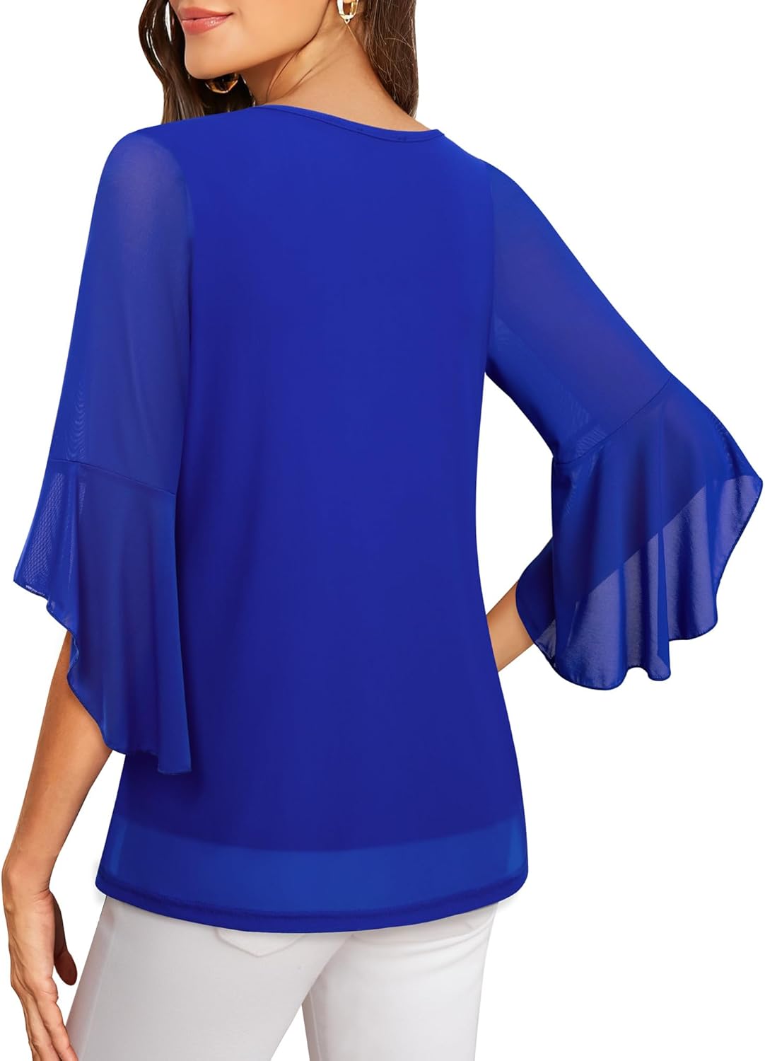 Lotusmile Women's Fancy Blouses Double Layers Mesh Dressy Tops 3/4 Ruffle Bell Sleeve Shirts - Image 4