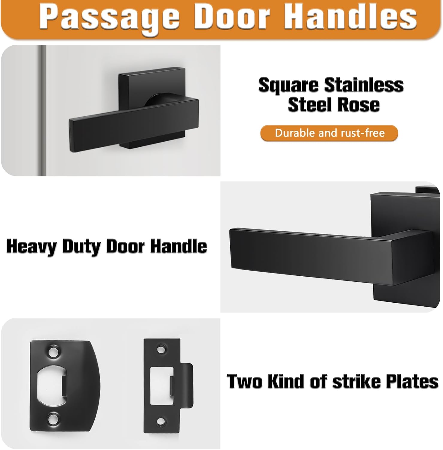 Probrico 3 Pack Privacy Door Levers 3 Pack Square Passage Door Handles Keyless Door Lever for Interior and Exterior Doors, Black