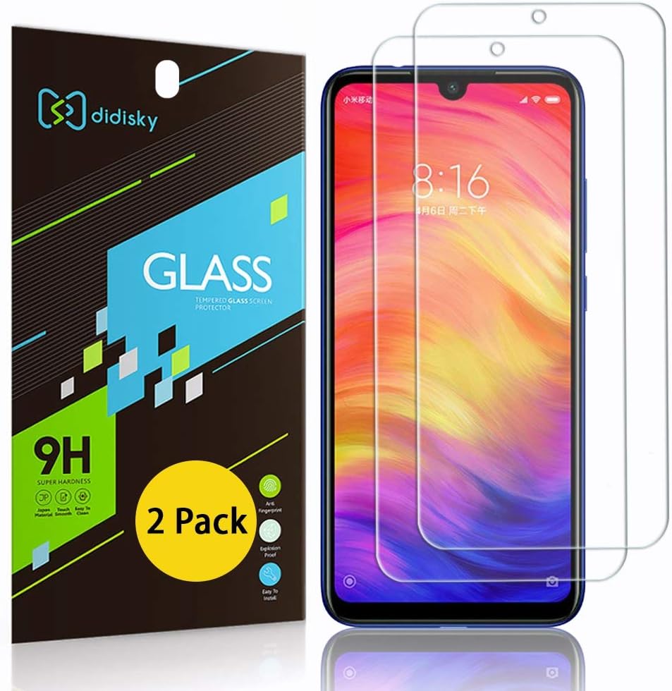 Didisky Tempered Glass Screen Protector for Redmi Note 7/ Note 7 Pro, [ 2 Pack ] Anti Scratch, 9H Hardness, No Bubbles, High Definition, Easy To Apply, Case Friendly