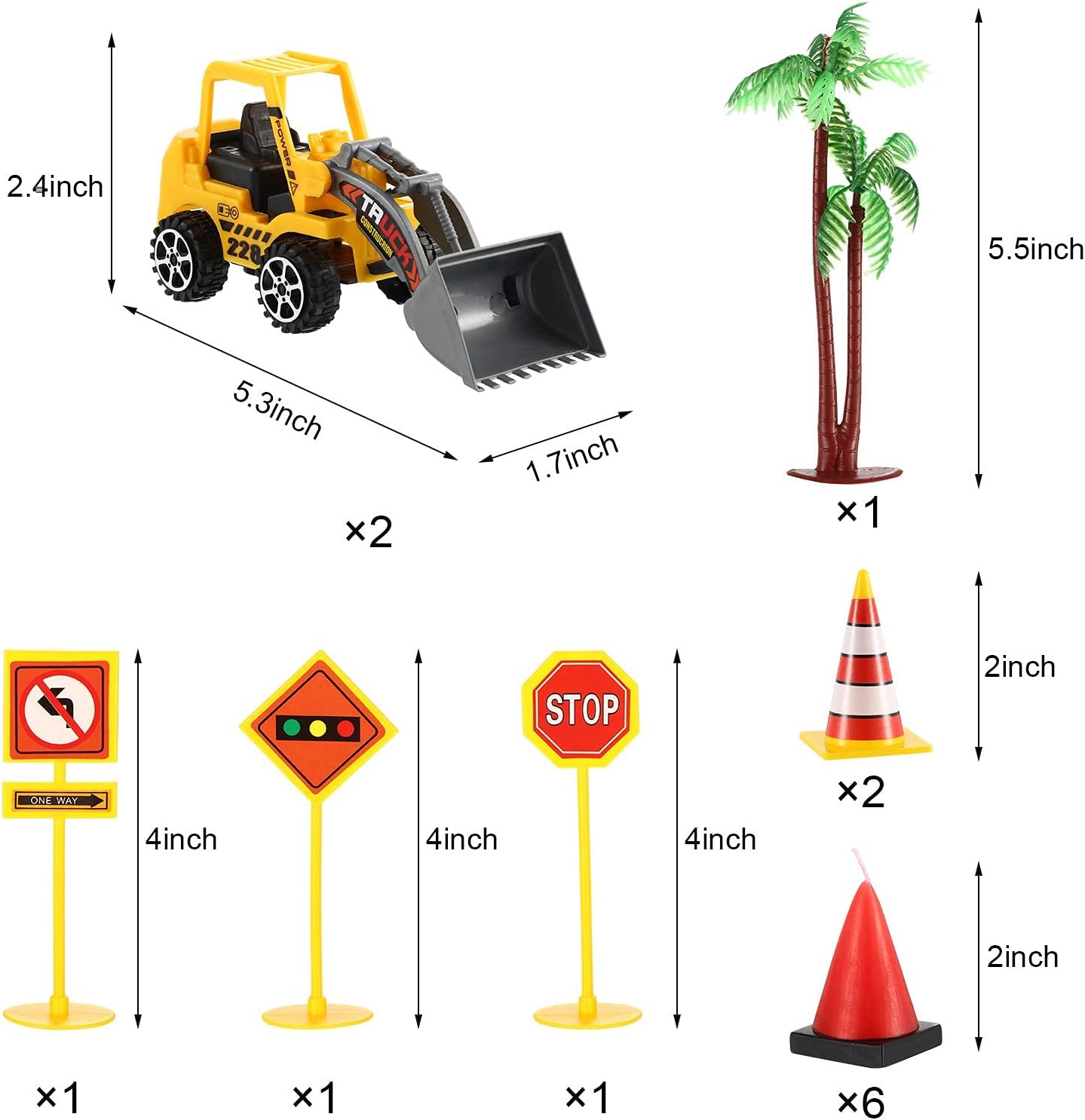 Construction Party Decoration 6-Count Cone-Shaped Molded Candles, 2 Pieces Construction Truck Decors, 1 Piece Palm Tree with Coconut and 5 Pieces Barricade Set for Birthday Cake Toppers