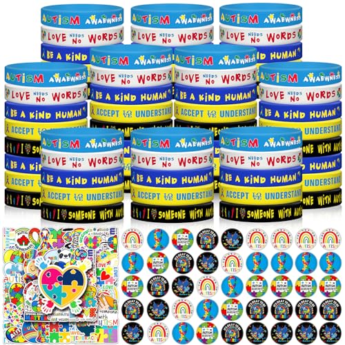 150 Pcs Autism Awareness Bracelets Badge Stickers Inspirational Motivational Set Include 50 Silicone Bracelets 50 Badges 50 Stickers for School Teacher Party Decorations Gifts(Autism Awarenes)