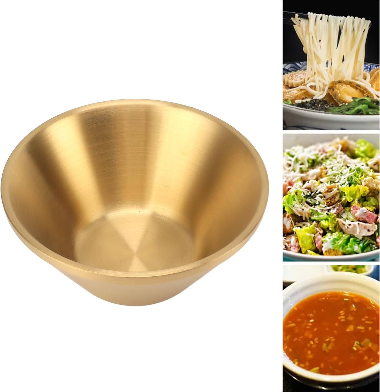 HERCHR Stainless Steel Salad Bowl, Double Layer Metal Round Stylish Salad Mixing Container Thicker Airtight Prepping Bowl for Snacks Rice Noodles Ice Cream (Golden 13cm / 5.1in)