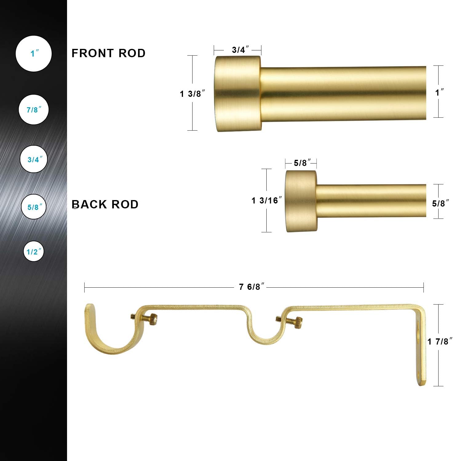 Double Curtain Rods for Windows,1-Inches Front and 3/4 Inches Back Metal Brass Window Curtain Rod,36-72 Inches Adjustable Drapery Rod with Premium Aluminum Finials : Home & Kitchen