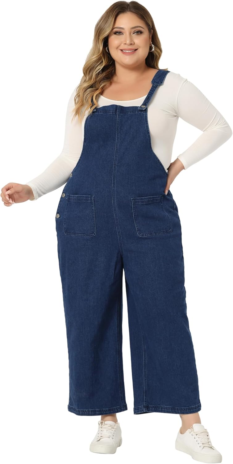 Agnes Orinda Plus Size Denim Bib Overalls for Women Classic Adjustable Straps Pockets Jumpsuit Jeans Pants - Image 3