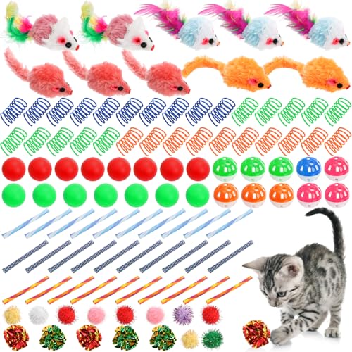 Nicunom 100 Pcs Cat Toys for Indoor Cats and Kittens - Spring Fur Mice Crinkle Ball Sparkle Pom Pom Ball Bell Catnip Rope Variety Cat Interactive Toy Set
