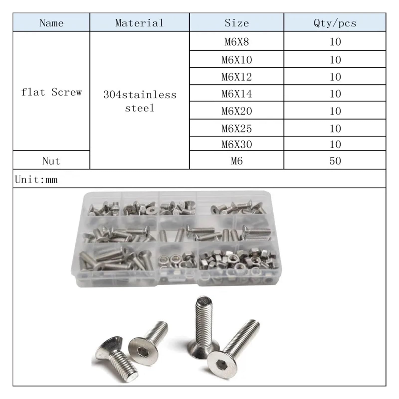 M2 M3 M4 M5 M6 Kit surtido de tuercas y pernos hexagonales avellanados, tornillo de máquina de cabeza plana con conector hexagonal, rosca métrica de acero inoxidable Se puede utilizar durante mucho ti