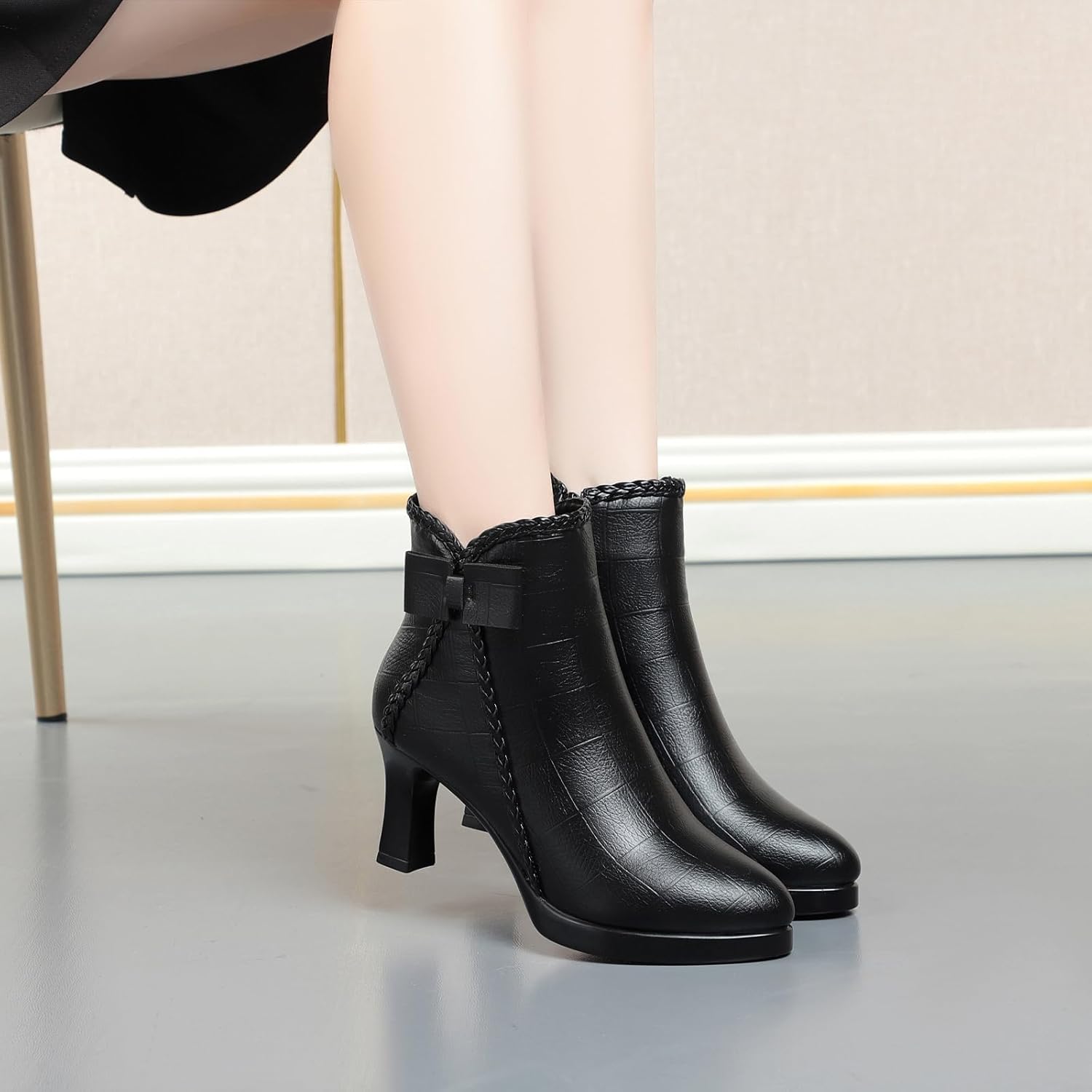 Lossarye Women’s Pointed Toe High Heel Ankle Boots Side Zip Comfortable Fur Lined Autumn Winter Kitten Heel Dress Booties - Image 3