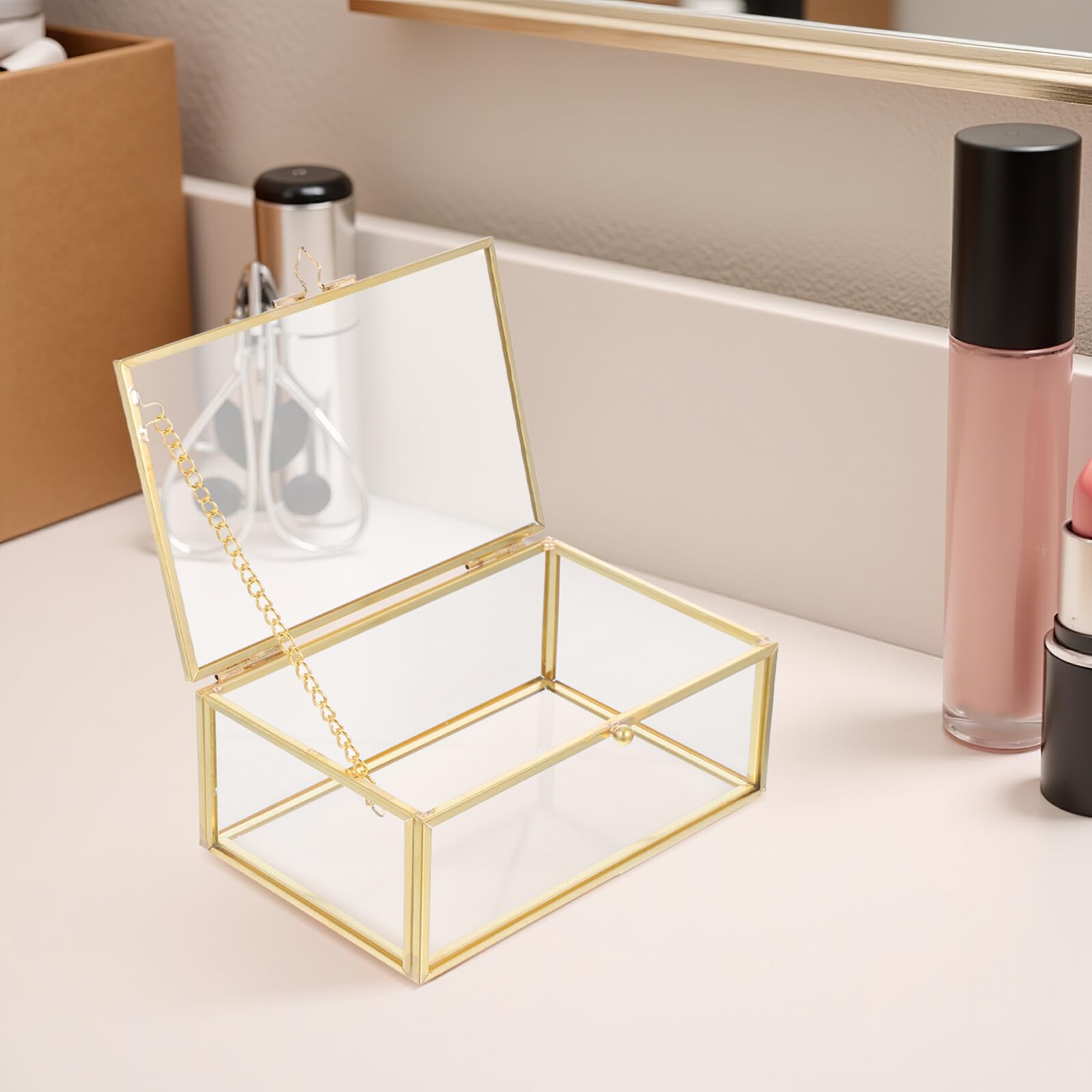 Boîte à Bijoux Verre Transparent avec Cadre Doré Boîte à Souvenirs Décorative et Organisateur pour Bijoux, Fragrances et Maquillage Structure Anti-poussière Rangement Élégant pour