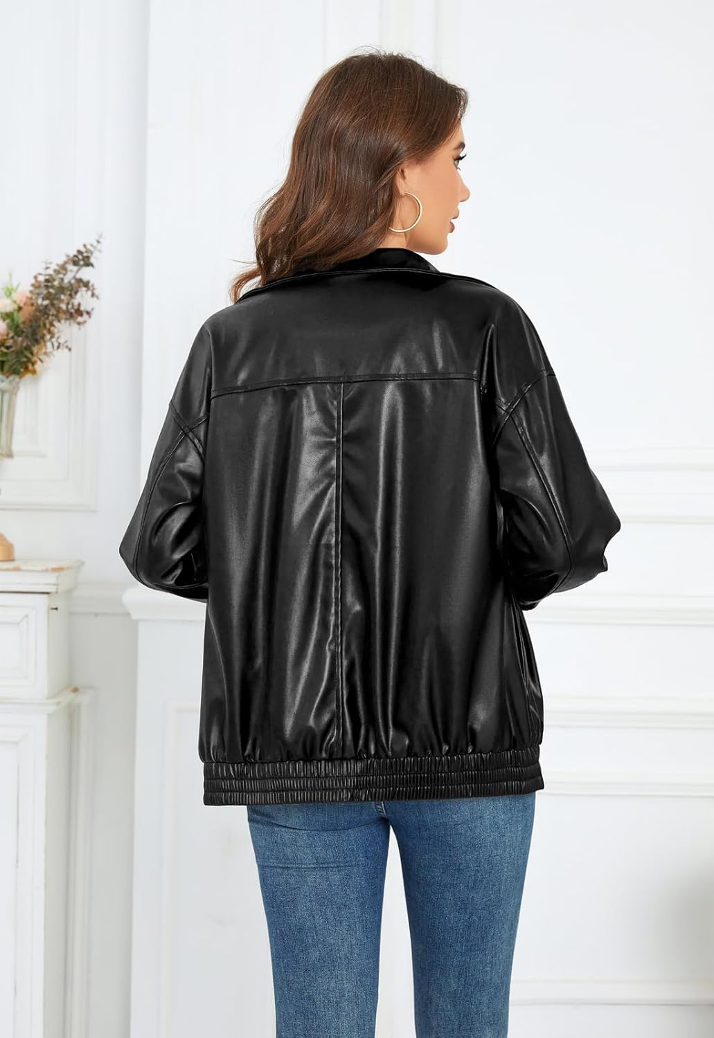 Women's Leather Jacket Faux Zip up Oversized 2025 Fall Motorcycle Outerwear With Pockets - Image 5