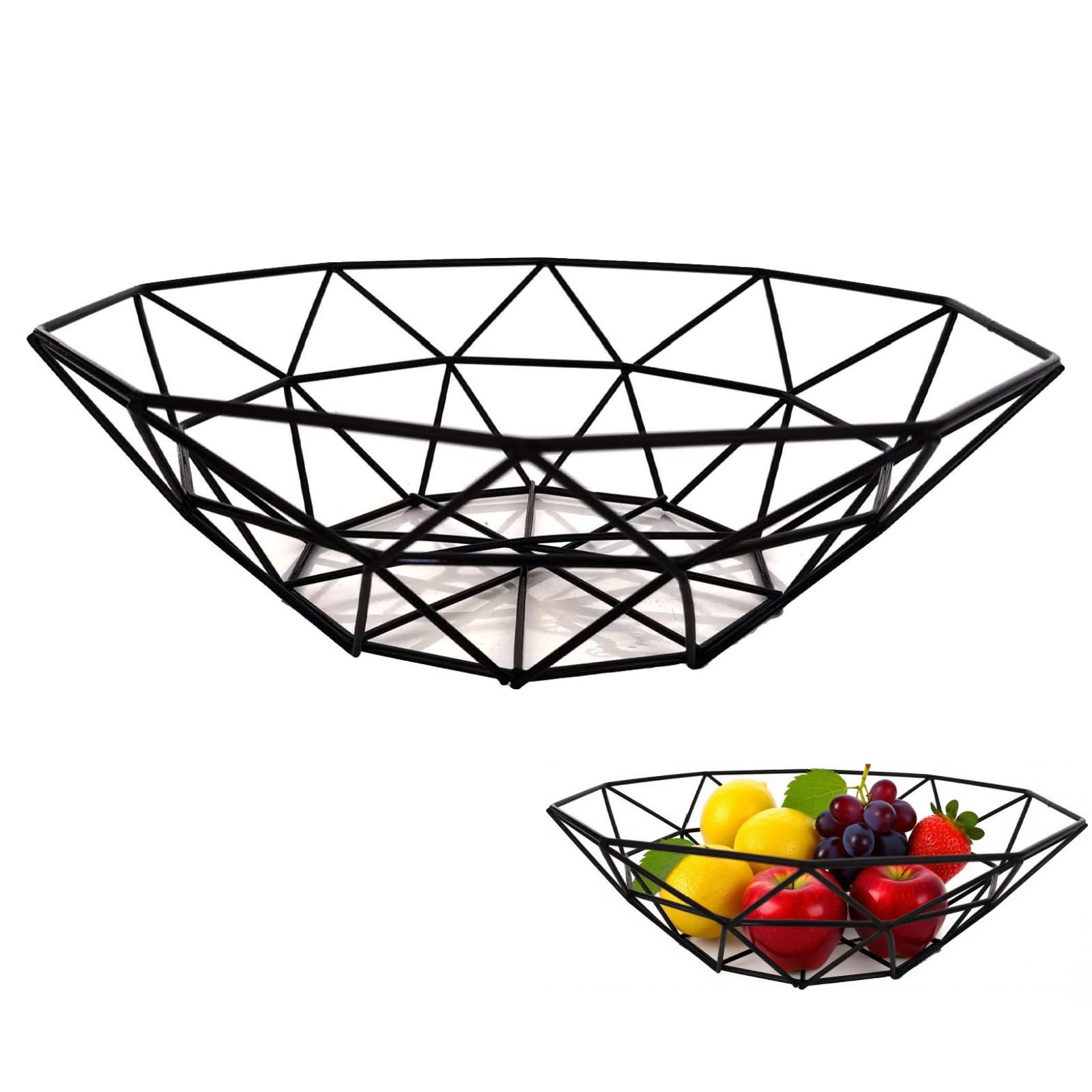 Koimiao Black Metal Fruit Bowl Basket – Durable Wire Fruit Holder for Kitchen Counter, Modern Home Decor & Table Centerpiece, Ideal for Storing Fruits, Bread, or Potpourris (Black-Geometric)
