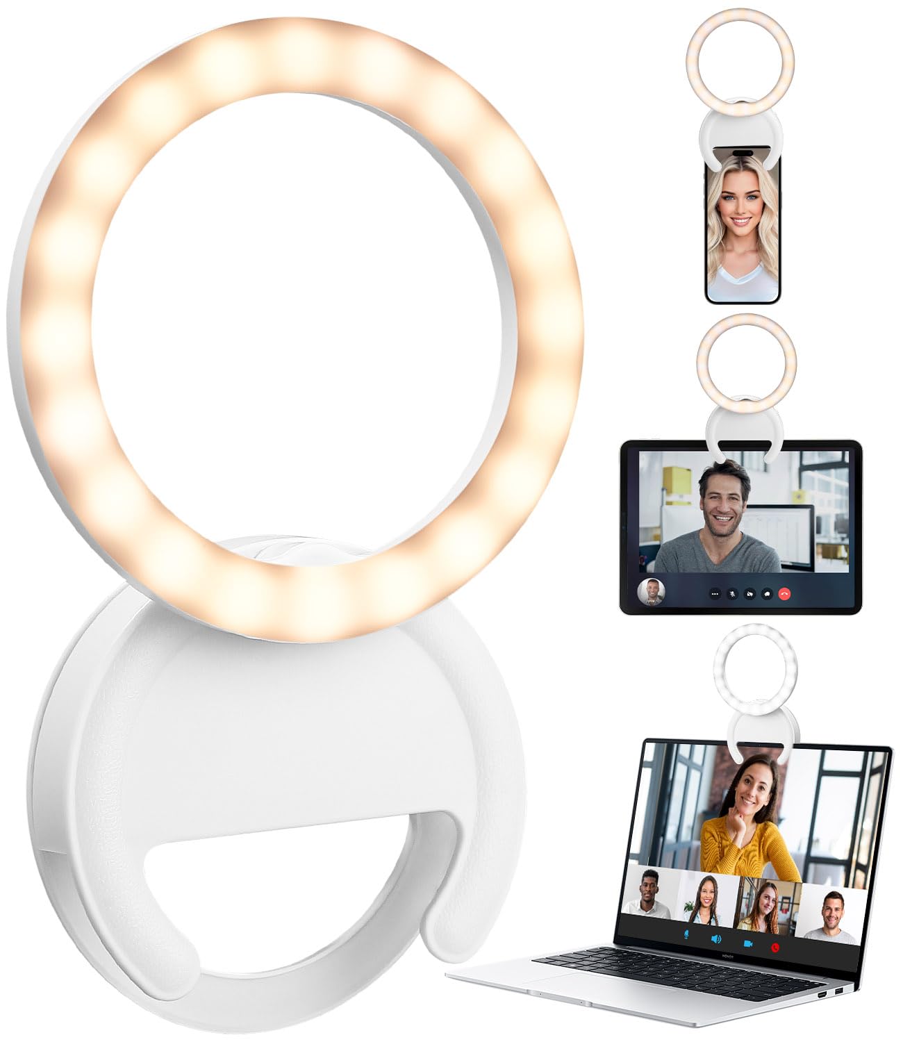 Ring Light Telefono Bianco,Temperatura Colore Regolabile da 3000K a 7000K, 5 livelli di Luminosità Regolabili, Adatto per Selfie, Laptop/Tablet,YouTube, TikTok, Video