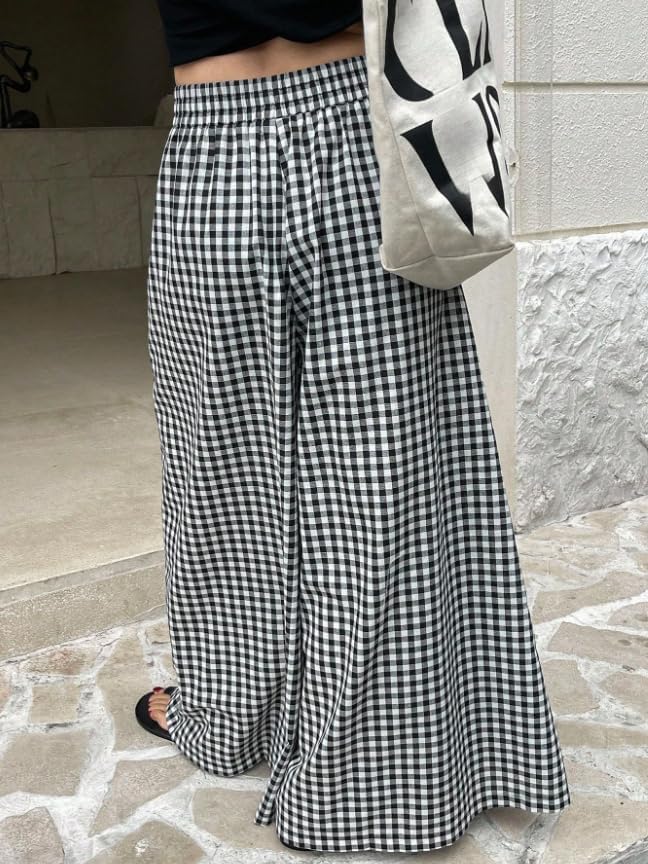 Womens Plaid Pants Black and White Checkered Skirt Pants Elastic Waist Wide Leg Flowy Palazzo with Pockets Casual Trousers - Image 7
