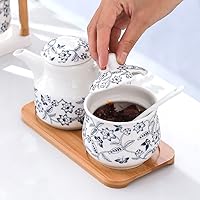 Vista 4 de Tarros de especias para condimentos, tarro de cerámica azul y blanco para restaurante con vinagre retro, tarro de chile, tarro de sal, salsa