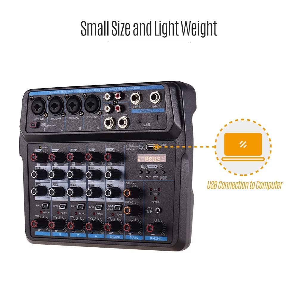 U6 - Mini mezclador musical de 6 canales, mezclador de audio BT USB, consola de mezcla con tarjeta de sonido integrada Phantom de 48 V