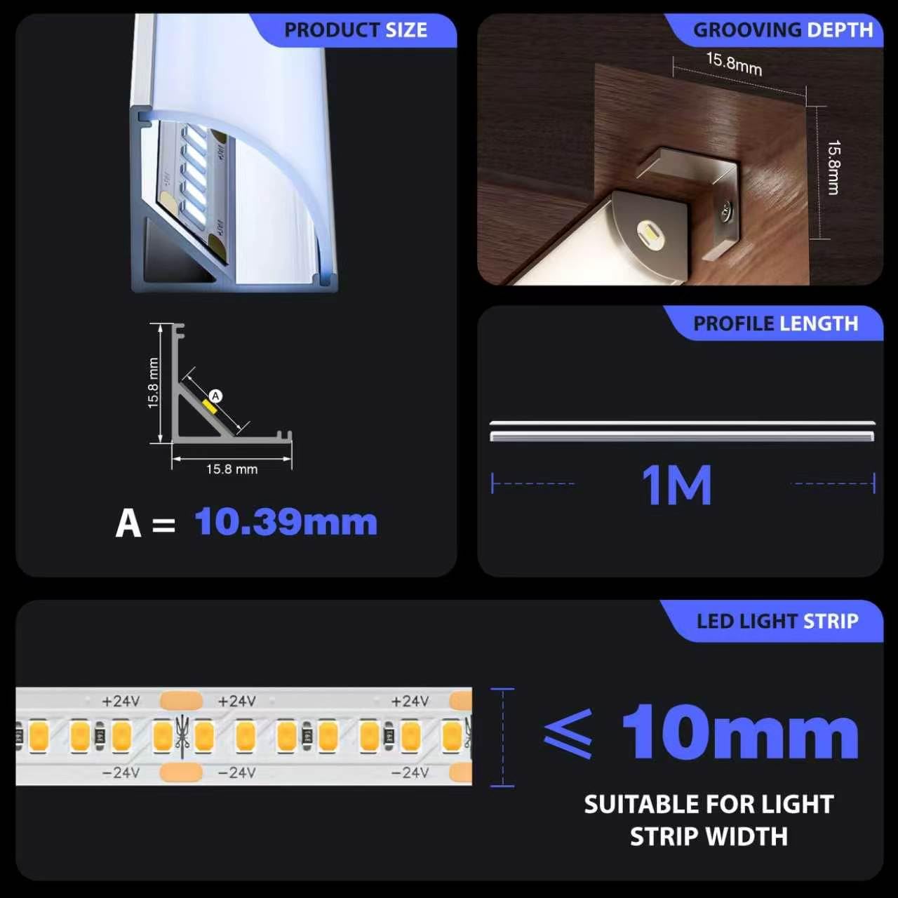 Profilo led angolo di 90 gradi Profili per strisce led 2m x 10 pz, Con coperchio in PC opaco, Dimensioni 15,8 mm x 15,8 mm, Supporta strisce LED fino a 10 mm di larghezza SP30