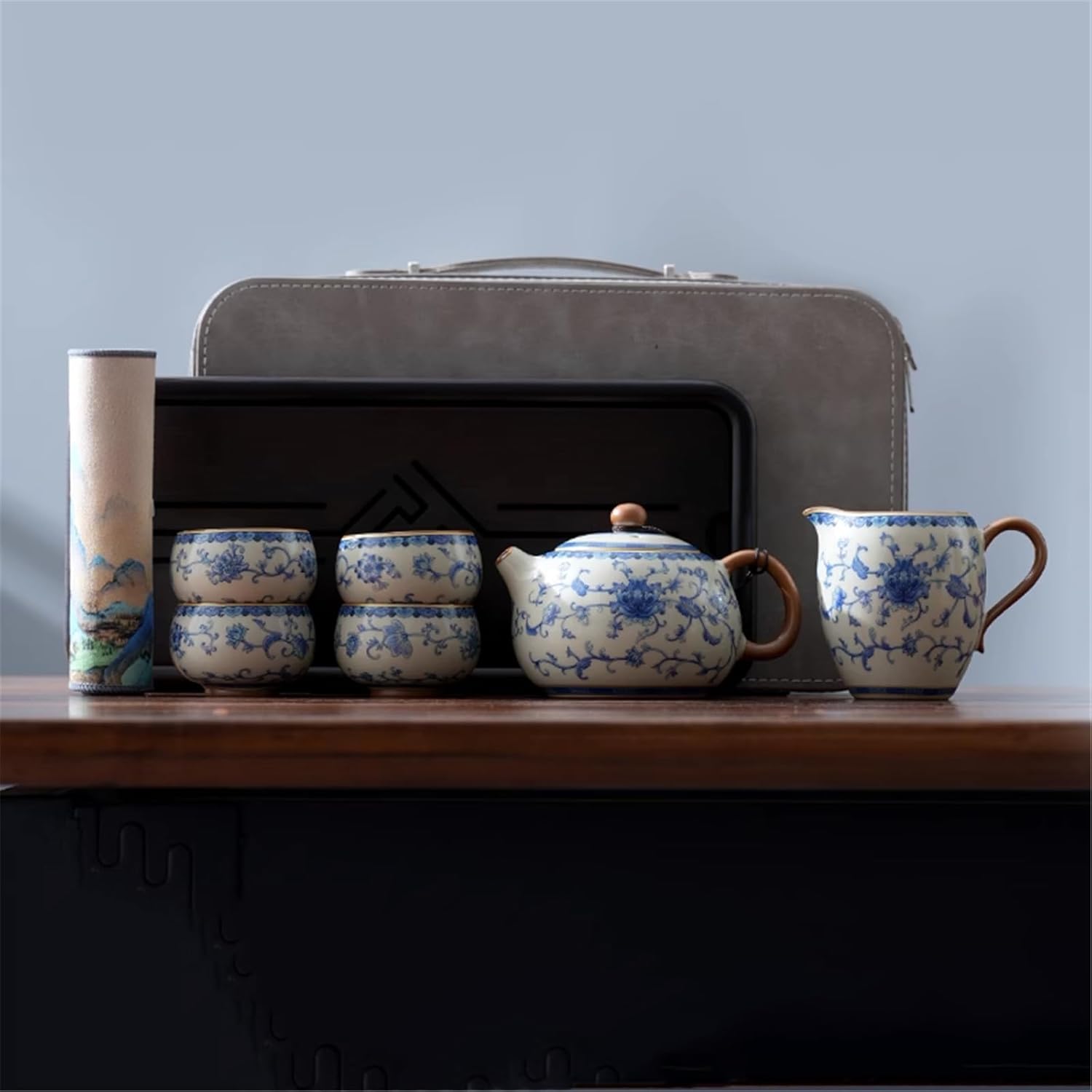Blue White Ru Kiln Travel Tea Set, 1 Teapot 4 Cups, Portable-set3