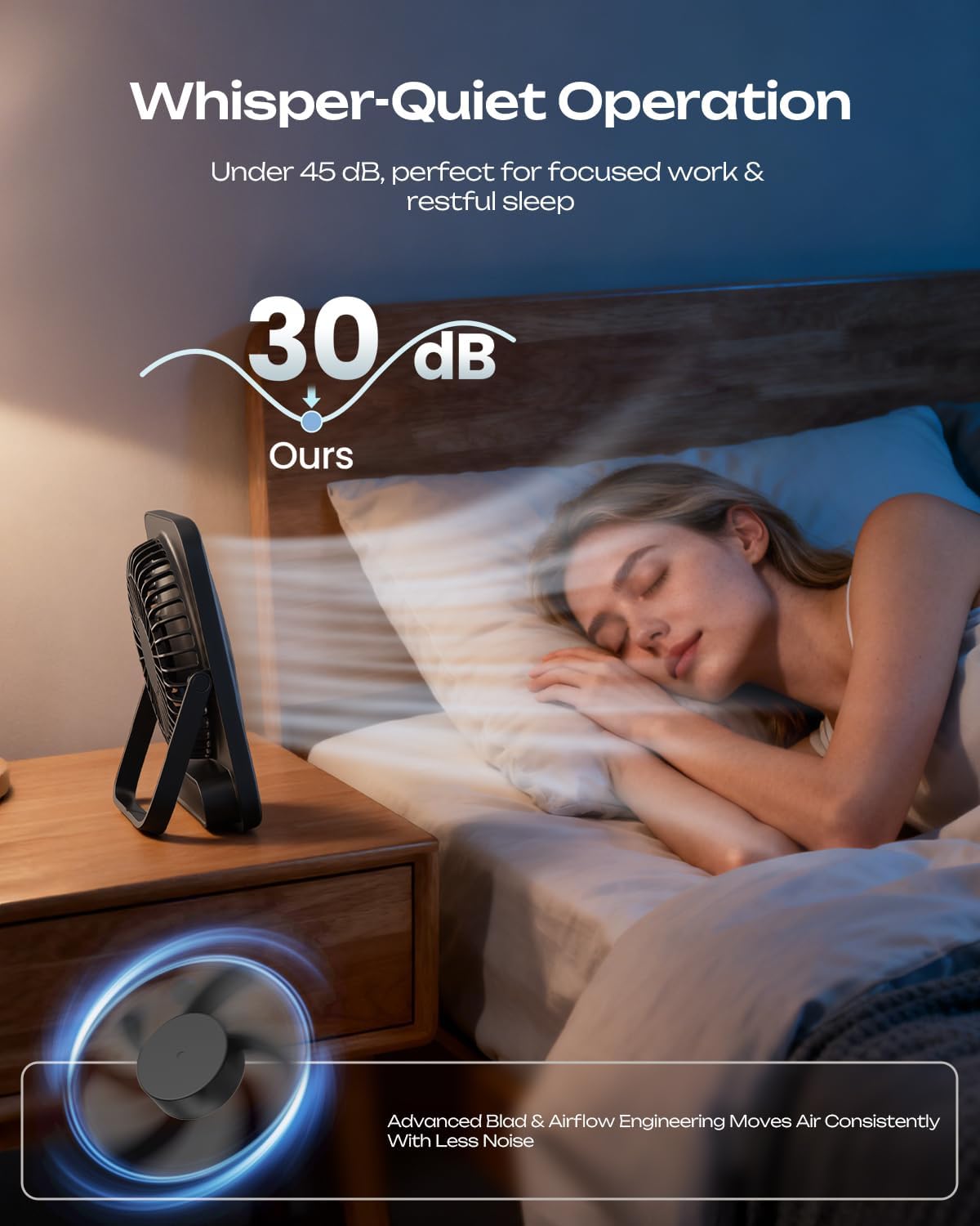 Otlonpe Personal Portable Desk Fan, 4000mAh Small Rechargeable Portable Fan Battery Operated & USB Powered for Travel Sleeping Bedroom Office Home Table, Cordless, Quiet, 4-Speed, 6.5 Inch (Black) - Image 5