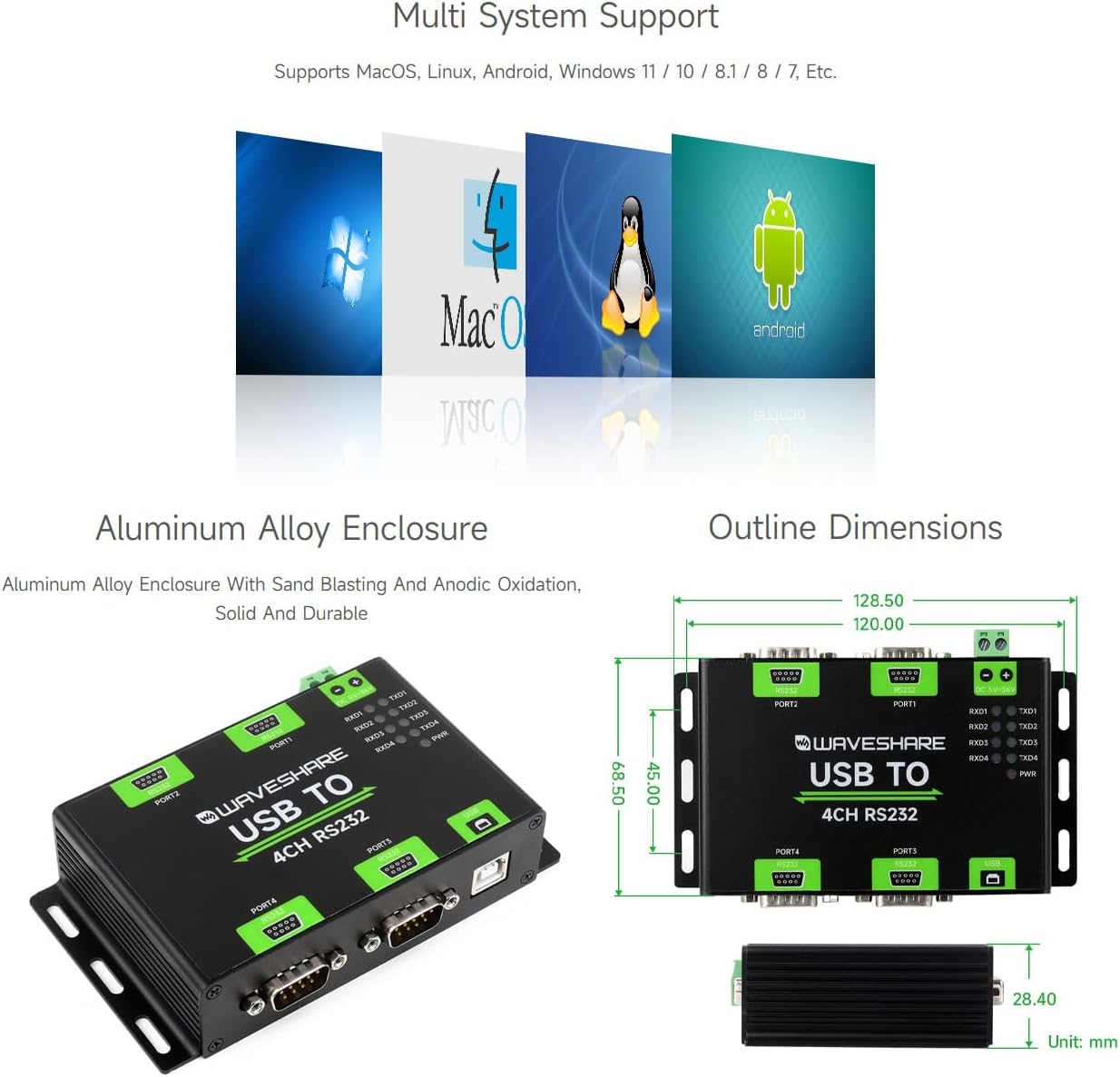 waveshare Industrial Isolated USB to 4CH RS232 Converter (DB9 Female Interface), Adopts Original FT4232HL Chip, Features High-Speed&Stable Communication, Compatible with Mac/Linux/Android/Windows...