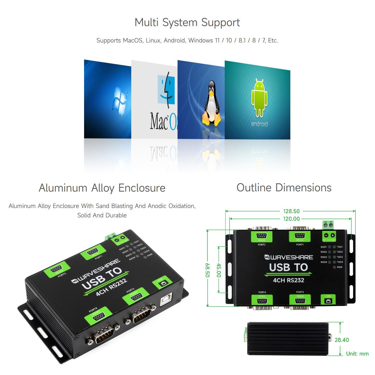 Waveshare Industrial Isolated USB to 4CH RS232 Converter DB9 Female FT4232HL High-Speed Stable Communication