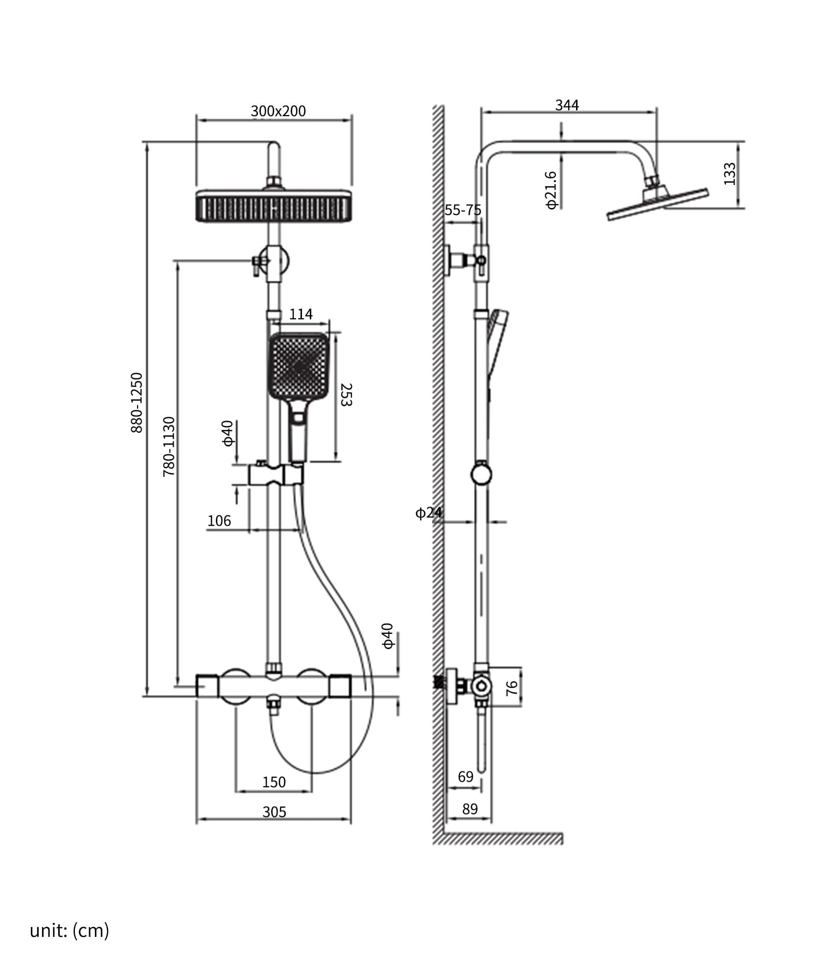 Duschsystem mit Thermostat,Duscharmatur Komplettset mit 3 Strahlarten Handbrause, Duschset Quadratisch Regendusche Duschkopf 88-125cm Duschstange Regendusche mit Armatur 30X20cm Uberkopfbrause(Chrom)