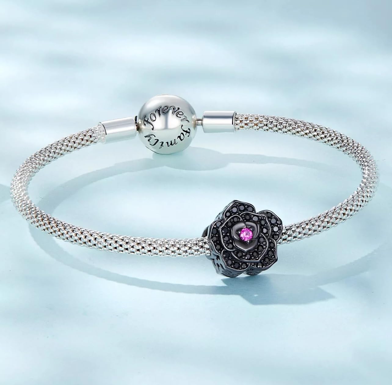 FLXHHX Abalorio de Plata de Ley 925 auténtica con diseño de Flor de Rosa Negra Brillante, Compatible con Pulsera