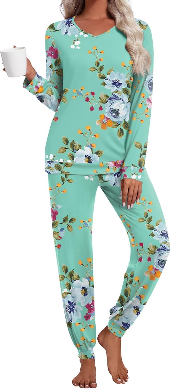 syoss Womens Pajama Set Long Sleeve Sleepwear Fall V-Neck Nightwear Soft Pjs 2 Piece Lounge Sets with Pockets