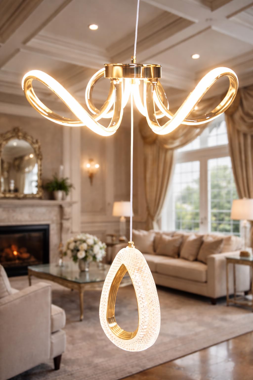 SWIATLO Modern Luxury LED Wave Chandelier with Crystal Drop Pendant | 3 Different Color Mode (WH/WW/NW) | Led Chandelier Light for Living Room/Bedroom/Cafe/Resturents-image-46