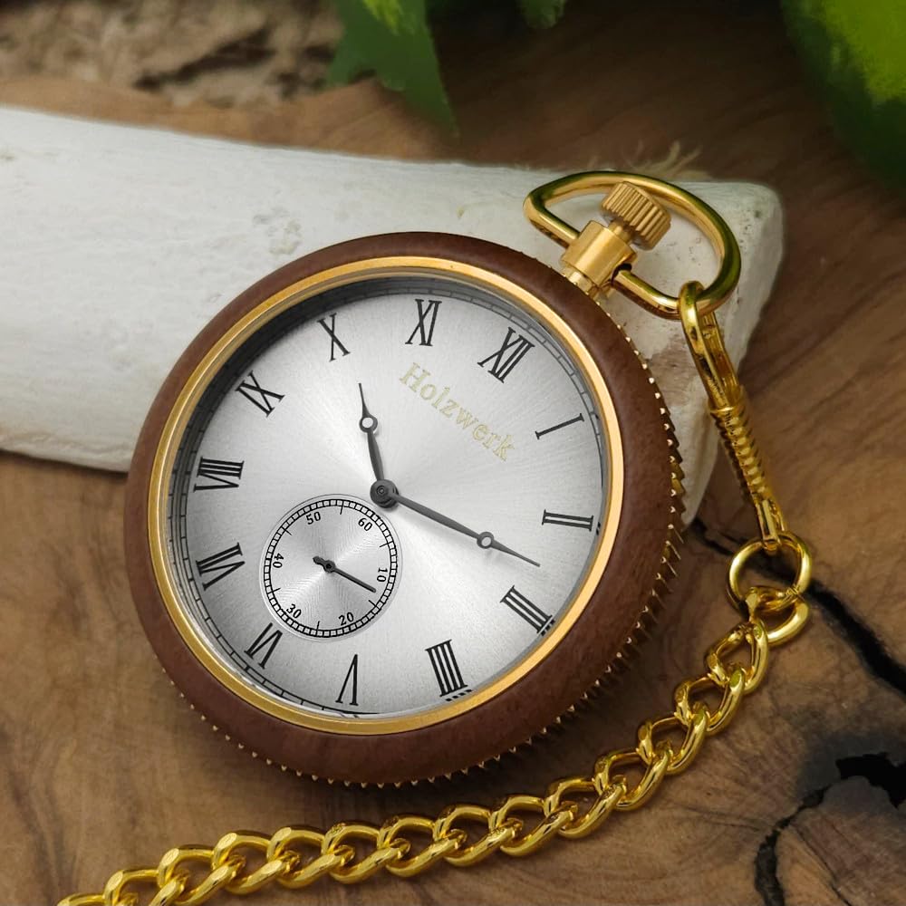 Holzwerk Germany 2 in 1 Handgefertigte Taschenuhr Tischuhr Standuhr Öko Natur Holz Taschen Uhr mit Kette Braun Gold Silber Römische Ziffern