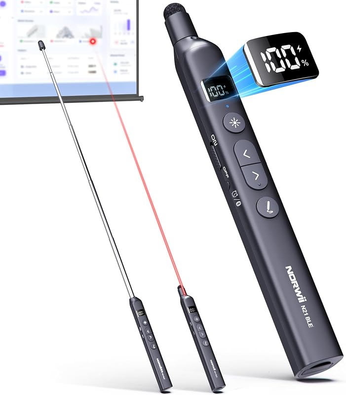 Clicker de presentación Bluetooth N21 para PowerPoint con puntero retráctil | ①Puntero láser②Lápiz táctil telescópico③Temporizador de cuenta regresiva, alerta de vibración ④Botón personalizable ⑤Recargable; visualización del nivel de batería