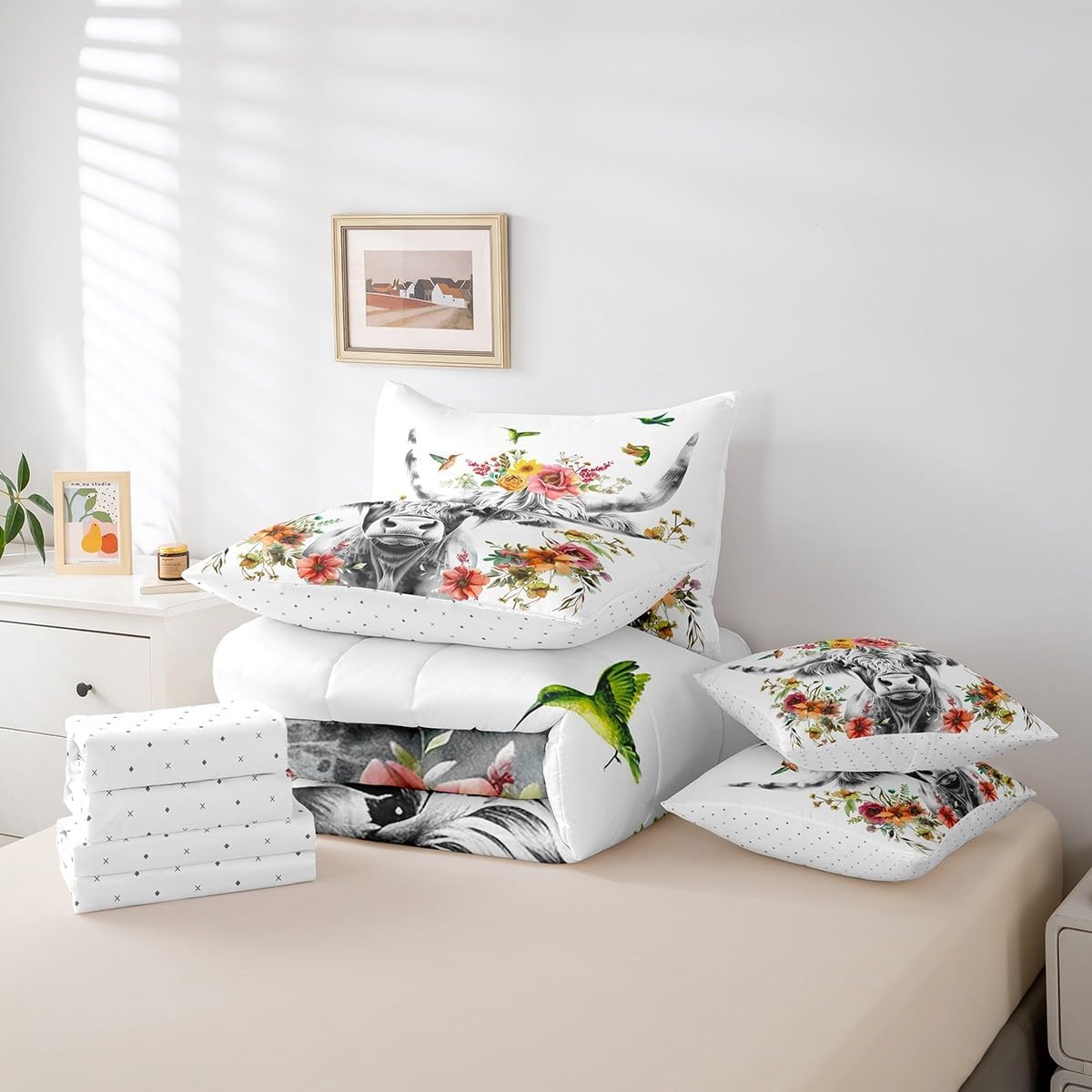 Erosebridal Highland Cow Floral Comforter Set 7 Piece Queen Size Bull Cattle Flower Bed in a Bag Wildlife Farmhouse Cow Quilt Set Hummingbird Sheet Set Soft Reversible All Season White Bedding Set