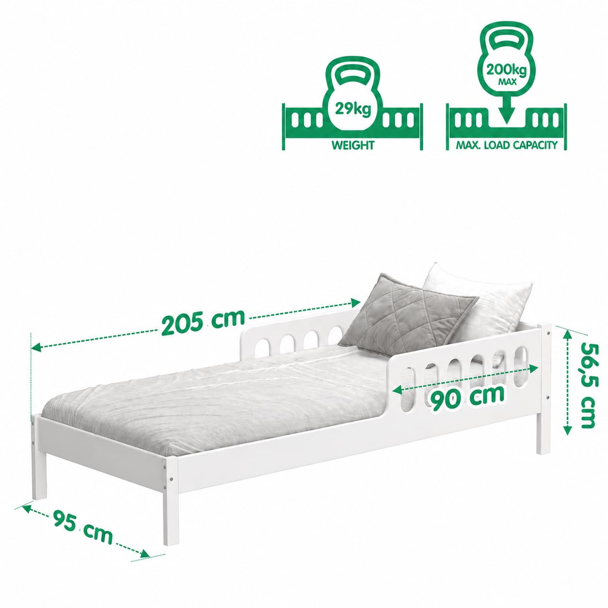 CADANI Finn Kinderbett 90x200 cm weiß mit Rausfallschutz, bis 200 kg belastbar, extra starker Roll-Lattenrost,